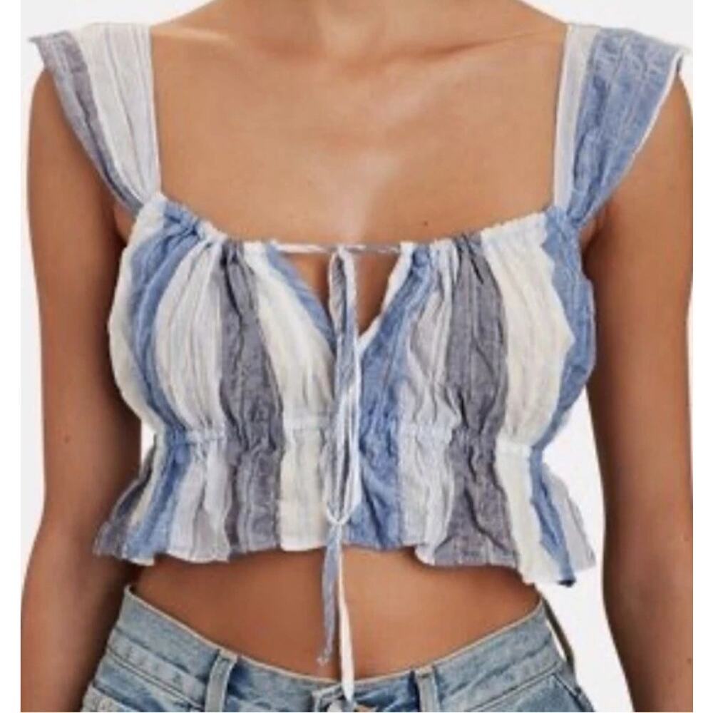 Ciao Lucia Cinetta Blue White Crinkle Stripe Crop Tank Top Size Medium